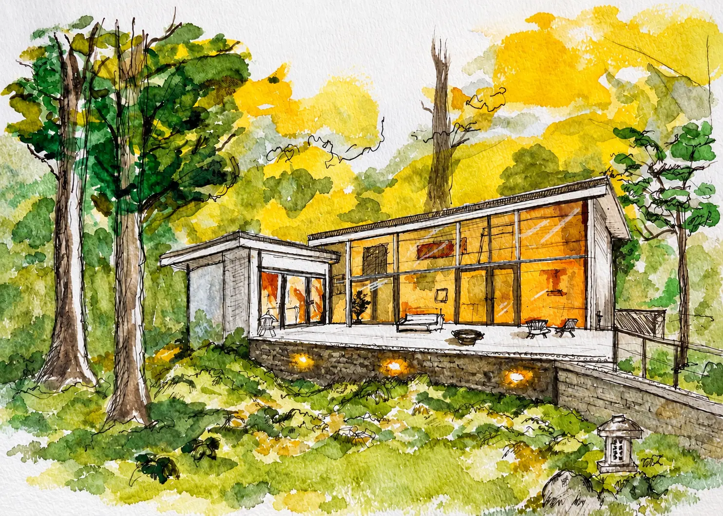 Original watercolor painting of a modern glass house in autumn woods