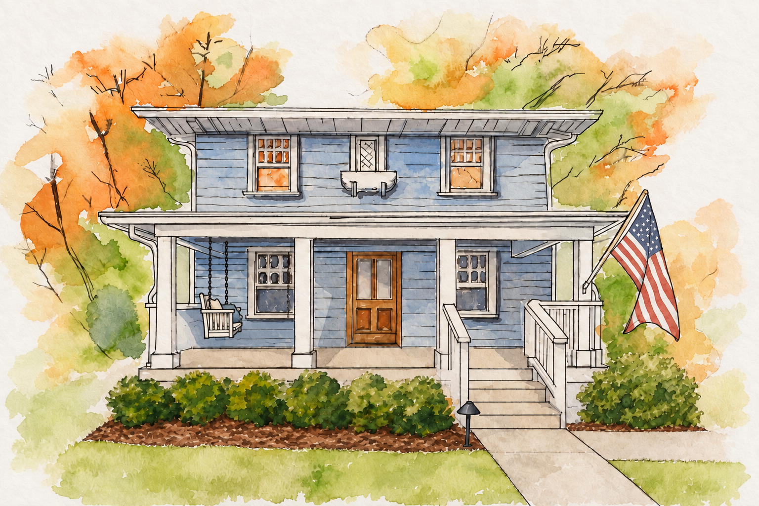 Original watercolor painting of a blue two story house with a porch swing and flag