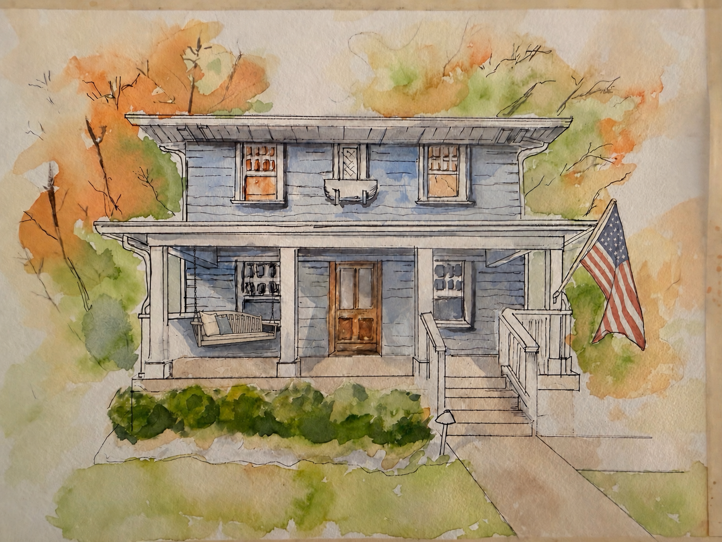 Original watercolor painting of a blue two story house with a porch swing and flag