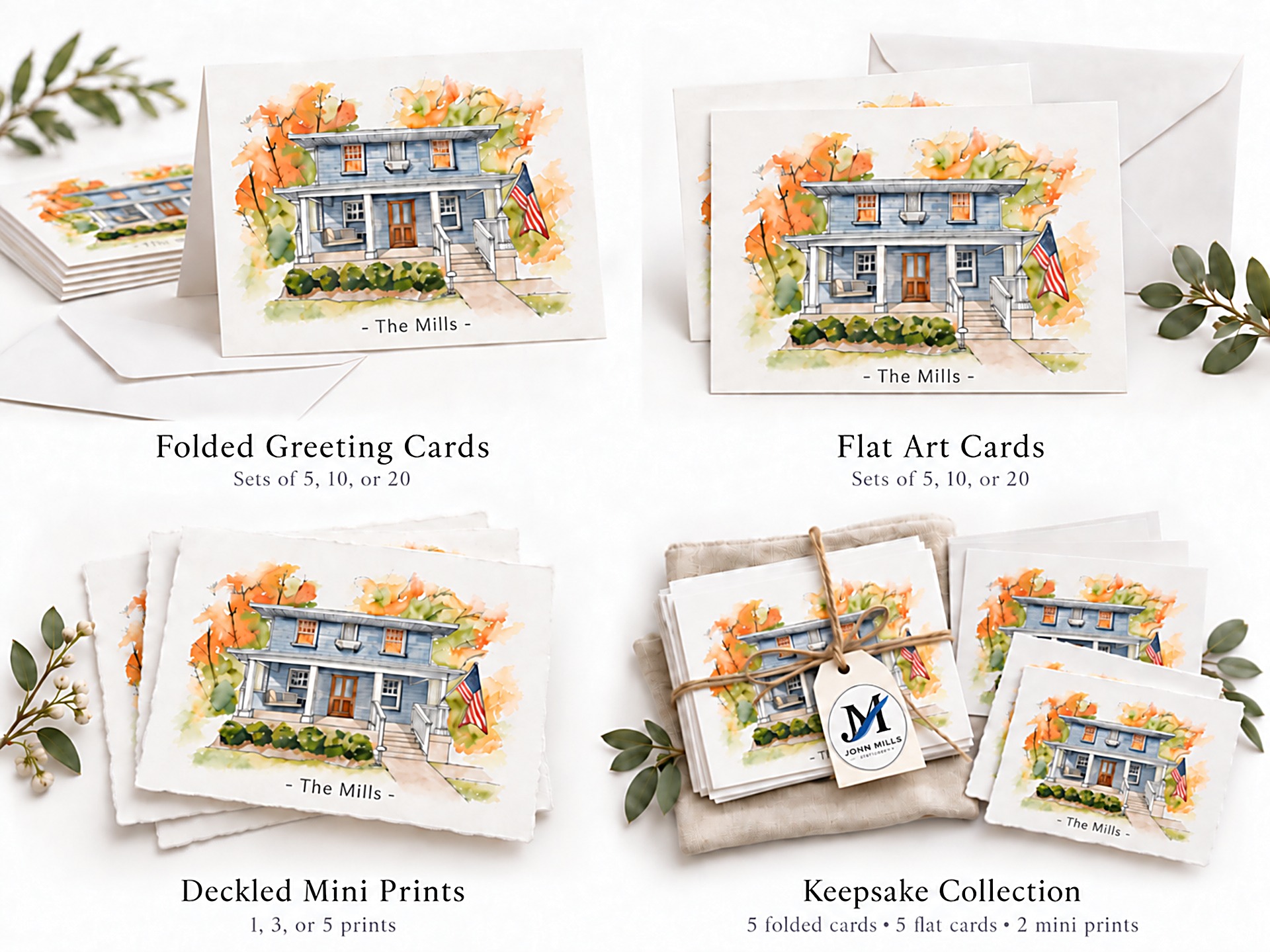 Folded greeting cards, flat art cards, deckled mini prints, and a keepsake collection tied with twine, all featuring a watercolor house painting