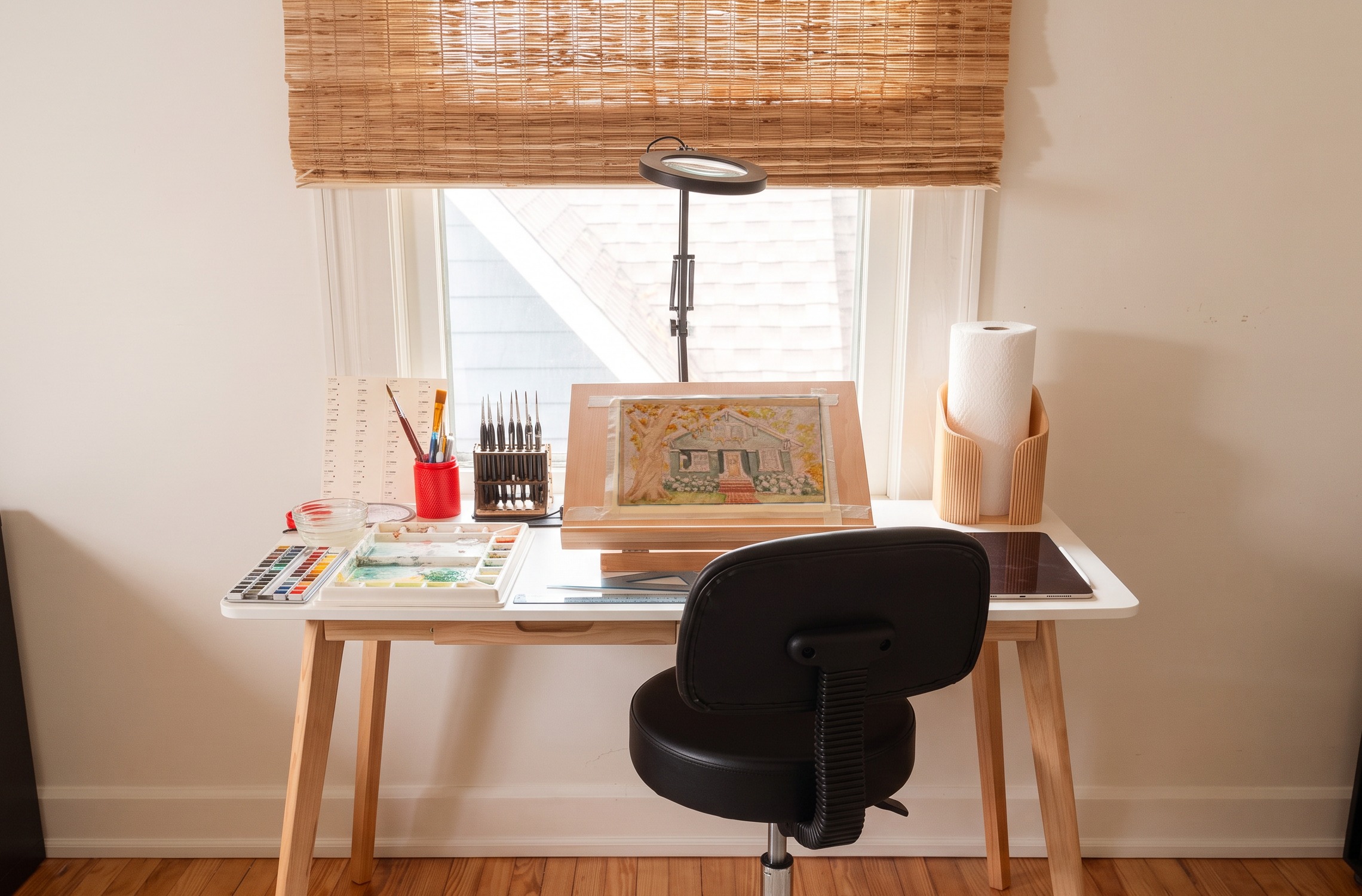 Johnny's home studio: a watercolor house painting in progress on a wooden easel, surrounded by brushes, paints, and palettes by a sunny window